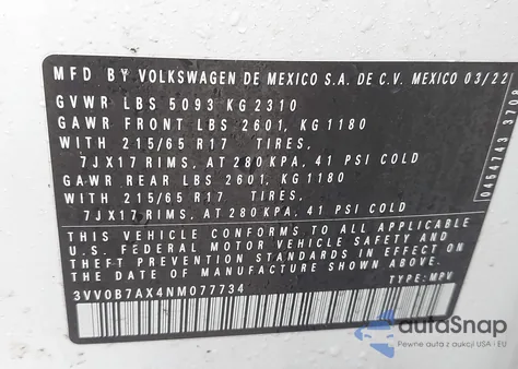 2022 Volkswagen Tiguan 2.0T S z USA, uszkodzony, nr VIN 3VV0B7AX4NM077734